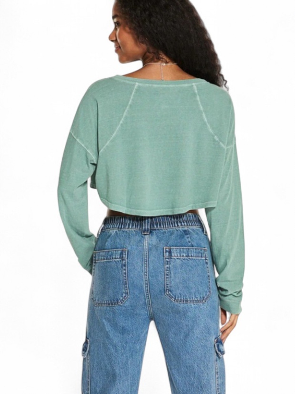 Aeropostale Cropped Henley Long Sleeve Top Sage Green Oversized Soft Tee Size L - Picture 2 of 5
